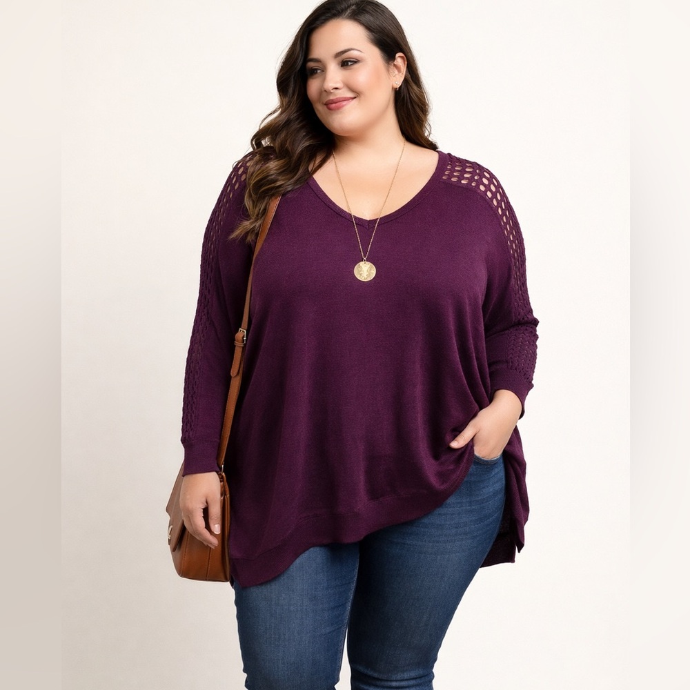 Cottagecore Lane Bryant Purple Crocheted Sleeve V Neck Sweater Plus Size 26 28